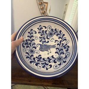 Vintage Ceramica De La Cal Spain Blue White Bird Pottery Bowl 12" Hand Painted